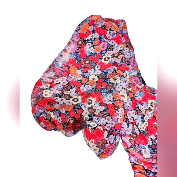 🆕️Zara Ruched Red Pink & Gold Ruched Puff Sleeve Mini Chiffon Draped Dress M - Picture 8 of 16